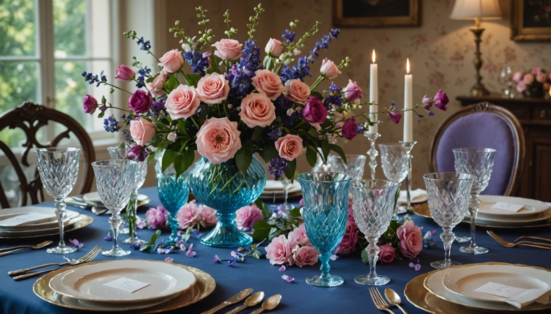 décoration de table avec fleurs en verre