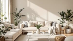 salon mur beige et blanc